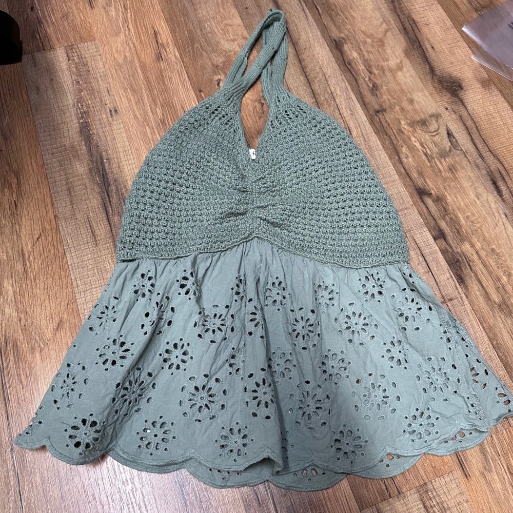 Francescas Sage Green Crochet Eyelet Peplum Tank Top Size Small Boho